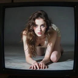 a person crawling out of a television screen and into the real world