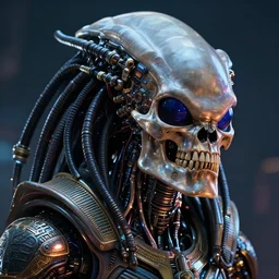 futuristic cyberpunk alien portrait, alien vs predator, ancient egypt, mechanical internals, exposed wire sparks, hyper realistic shiny textures, 8 k, skull, cyberpunk, intricate details, fluorescent glow, science fiction space horror, unreal engine, dark, heavy shading, depth of field
