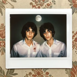 an instant photo of two beautiful but sinister young men wearing oxford shirts in layers of fear, with haunted eyes and dark hair, 1 9 7 0 s, seventies, wallpaper, a lot of blood, moonlight showing injuries, delicate embellishments, painterly, offset printing technique, by brom, robert henri, walter popp