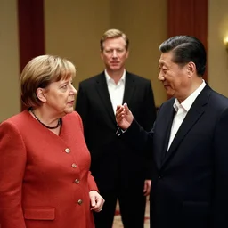 angela merkel, geert wilders and xi jingping have a mexican standoff, cinematic shot, reservoir dogs 1 9 9 2,
