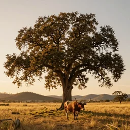 photorealistic concept art of a texas longhorn under one huge oak tree with spreading branches taller than the hill side range, in the style of earl norem, bird view, super long shot, concept art, golden, sacred, sacred, golden hour