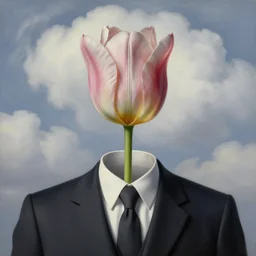 portrait of a faceless tulip - head man in a suit, clouds in the background, by rene magritte, detailed painting, distance, middle centered, hd, hq, high resolution, high detail, 4 k, 8 k