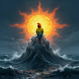 realistic high speed photograph of the eldritch sun conure rising from the ocean depths surging with dark power by Zdzisław Beksiński