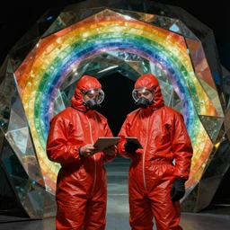 two scientists wearing red hazmat suits inside geometric rainbow crystal tunnel by frank frazetta