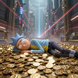morty sleeping on a pile of gold coins, beautiful details, wide angle action shot, photorealistic, high end design, 8 k, octane render, neo tokyo nuclear holocaust background, mist, ornate, lasers, volumetric lighting - h 1 2 0 0