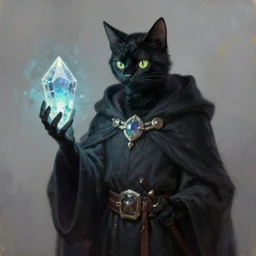 black cat tabaxi sorcerer wearing robes holding a glowing crystal, character concept art, oil painting, artstation