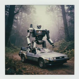 trans - formers!!, robocar deloreanrobot mech, fog, in redjungle forest jungle, overcast! cinematic focus, old damagaed polaroid photo, vintage, neutral colors, faded!! very soft lights, big overcast, very foggy, full shot by steve hanks, by serov valentin, by lisa yuskavage, by andrei tarkovsky