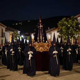 A Holy Week procession of souls in a Spanish landscape at night. A figure at the front holds a cross. El Greco, Remedios Varo y Salvador Dali.