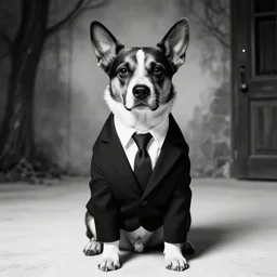 a dog wearing a suit in a nightmare, black and white
