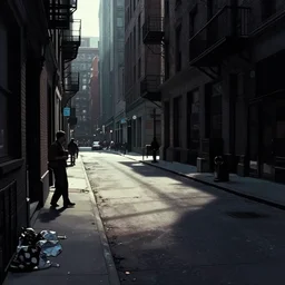 movie still of street scene in gotham city, noir, hard contrast shadows and light shafts, graphic novel, street, trash cans, telephone poles, cables, sidewalk, shop fronts, high sky scrapers in the background, sin city. global illumination, award winning cinematography