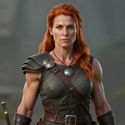 female norse yarl with ginger hair, middle aged, muscular, portrait, artstation