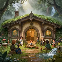 a gathering at a medieval hobbit home, ornate, beautiful, atmosphere, vibe, mist, smoke, chimney, rain, wet, puddles, waterfall, forest, flowers, concept art illustration, color page, 4 k, tone mapping, doll, akihiko yoshida, james jean, andrei riabovitchev, marc simonetti, yoshitaka amano, digital illustration, greg rutowski, volumetric lighting, sunbeams, particles