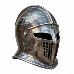 hand-painted knight's helmet, stylized 3d render, isolated on a pure white background, centered, entire object in frame, sharp focus, soft studio lighting