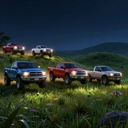 a bunch of pickup trucks jumping across the grass hills field at night, 4k cinematic computer rendering cgi blender scene
