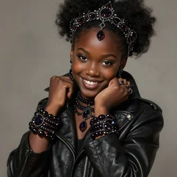 portrait of haitian teenage aphrodite, wicked smile, wearing leather coat, onyx bracelets, intricate, elegant, sparkling dark jewelry, glowing lights, highly detailed, digital painting, artstation, concept art, smooth, sharp focus, illustration, art by wlop, mucha, artgerm, and greg rutkowski