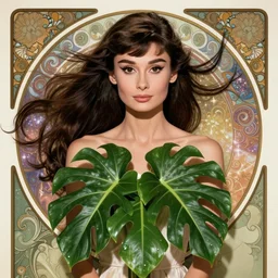 Queen of Split Leaf Philodendron and art nouveau , a beautiful young Polynesian woman who looks like a mix of Audrey Hepburn and Princess Aurora Sleeping Beauty, perfect skin, perfect face, gorgeous, symmetrical face, symmetrical body, artgerm, flowing hair, realistic, photorealistic, editorial photograph, portrait, detailed, intricate, focused, muted colors, artstation, border and embellishments inspiried by alphonse mucha, fractals in the background, galaxy