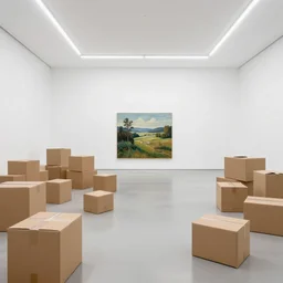 a ( ( ( ( white room ) ) ) ) in a modern art gallery with a parque floor, which is filled ( to the ceiling )!!! with ( cardboard boxes )!!!, a single detailed landscape painting by anthony copely fielding on the back wall.