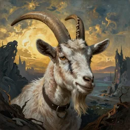 goat in the painted world of resident evil and bruce pennington, head and shoulders masterpiece, apocalypse, golden hour, cosmic horror, artstation, in the style of goya and bosch, extremely detailed