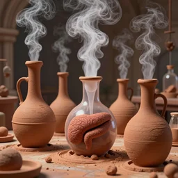 an alchemical laboratory made from clay alembics distilling voices, vapour, air flow, clay, no humans, alchemical drawing, steam, larynx, oesophagus texture, 8 k, unreal, high resolution, vivid colours, romanesque, futuristic, 3 d render