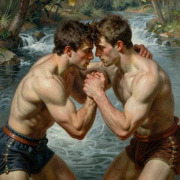 young warriors wrestling by a river, playful, male, muscular, detailed face, gorgeous, amazing, muscular, intricate, highly detailed, painting by Gaston Bussiere, Craig Mullins