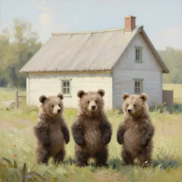 cottage with three humanoid bear cubs in front, aesthetic, oil painting, pale colors, high detail, 8 k, wide angle, trending on artstation,
