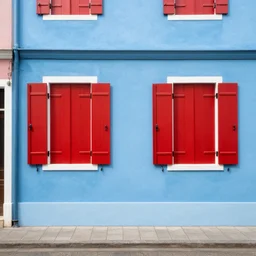 a blue building with red shutters next to a street, a colorized photo by charles le roux, featured on polycount, quito school, lomo, 1 9 7 0 s, 1 9 9 0 s