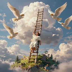 intricate details of jacob sleeping dreaming a ladder that from earth to heaven with angels going up and down, hyper realistic, ultra detail, octane render, cinematic, vivid, vibrant, artstation