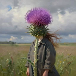 portrait, enormous thistle flower as head, a girl wearing coat in field, surreal photography, wind, cloudy sky, dramatic light, impressionist painting, digital painting, artstation, simon stalenhag