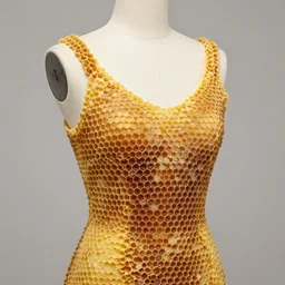 a beautiful dress made of a real bee hive, on a mannequin. high resolution, studio lighting, closeup