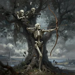 Death is swallowed up in victory, artwork by artgerm, Long Bow and arrows, perched in a tree, wide angle, full body, DD, fantasy, highly detailed, digital painting, artstation, smooth, sharp focus, art by thomas kinkade and Stephan Martiniere and Kevin Swartz