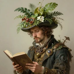 HD 8x hyperdetailed illustrated collage portrait of a man with a maximalist hyperrealistic huge hat made of plants, reading a book. flamish baroque solarpunk elements. matte background in pastel tones.