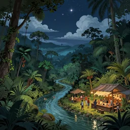 a beautiful landscape, Jungle, river, night, stars, clouds, market, tavern, crowd of people, detailed illustration, digital art, overdetailed art, concept art, Sylvain Sarrailh, Dan Mumford, Sebastian Luca, Greg Rutkowski,  trending on artstation