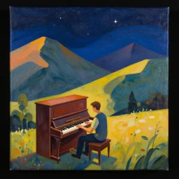 an upright piano in the mountains, man playing the piano, the striking night sky and stars, simple elegant mountains on a beautiful sky, an abstract set of large shapes, colorful, warm contrasting colors, painterly, detailed painting of a landscape, extremely high detail, brush strokes, top view, black background, illustration by ross tran and leonardo da vinci