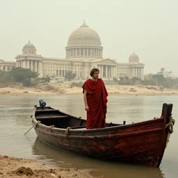movie still by andrzej zulawski of a man in red drapery in a blood barque on a river next to a neoclassical spherical city in the desert, leica sl 2 5 0 mm, heavy grain, high quality, high detail, foggy, mud