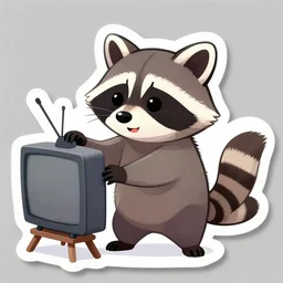 sticker of a raccoon stealing a television. cartoon. high quality. high fidelity. beautiful. cute.