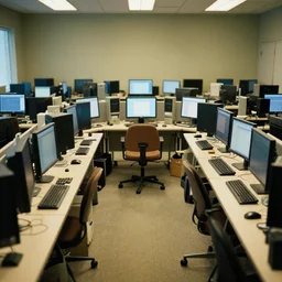 room with a lot of computers and a chair in the middle of the frame, directed by wes anderson, highly detailed, photorealistic, hd, 8k.
