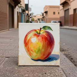a painting of an apple on the sidewalk on the street of marrakesh