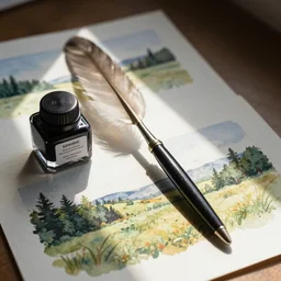 quill pen and ink bottle on desk with papers, afternoon lighting, watercolor