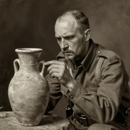 a detailed photorealistic sepia - toned color portrait painting of a 1 9 1 7 worried clean - shaven british lieutenant in field gear in north arabia examining an ancient clay cylinder ultra realistic, intricate details, atmospheric, dark, horror, brooding, highly detailed, by clyde caldwell