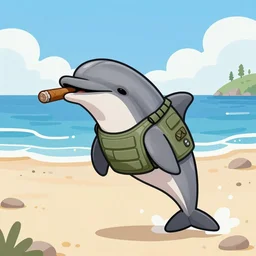 illustration book dolphin wearing a bulletproof vest with a cuban cigar in his mouth on a beach in siberia