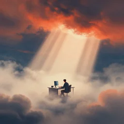 home office, editorial illustration by karolis strautniekas and mads ber, liquid clouds, fog, lonely worker at computer, red orange blue beige, fine texture, detailed, muted colors, film noir, dramatic lighting, dynamic composition, vivid, matte print, wide angle, ( ( sunbeams ) ), moody, extreme perspective