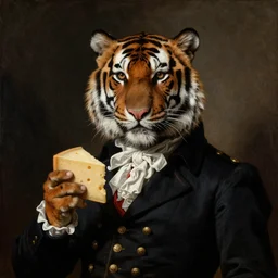 portrait painting of a  tiger holding a piece of cheese and wearing napoleon cloths  by George Stubbs, renaissance painting, oil painting, old master
