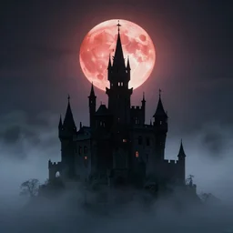 dracula's castle rising up from the mist at night silhouetted by a single huge bloodmoon by dc comics and sandra chevrier, stunning, comic, pen and ink, slash page, highly detailed
