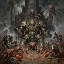 fine art oil painting varied muck jeweled, filthy rugated armored, mechanized, crustaceans clawing & terrified, tiered by evil, as massive brutalist structures, claustrophobic cilia sporing pox, evil fog, final battle removal, final drag race, clustered horror, by virgil finlay, vincente b ballestar, by francesco blanc
