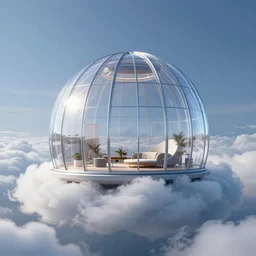 a modular glass dome house in a cloud, futuristic, in a cloud, octane render, glass, ray tracing