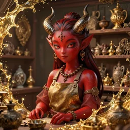 portrait, a beautiful red skinned demoness shopkeeper in her curio store, dramatic lighting, cute geeky appearence, dark horns, jeff easley, thomas kinkade, smooth, intricate, highly detailed, golden hour, splash art, high fantasy