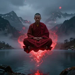 buddhist monk in dark red cloth in lotus position flying in front of camera over night himalaya mountains lake in weightlessness, foggy and red red energy gloomy sparks and lines in atmosphere, bokeh background, highly detailed science fiction illustration by jeremy geddes. photorealistic, hyper detailed, 8 k, movie still, artstation