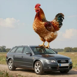 a big chicken standing on top of a 2 0 0 0 audi a 4 b 6 avant, award winning, oil painting by jan matejko, masterpiece, 4 k