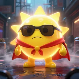 a frowning yellow sphere caped superhero pac - man character wearing sunglasses glows brilliantly in the steamy hong kong alley haze at night. portrait of an emissive spherical superhero yellow sun character wearing a red cape rendered in octane in super pac - man ( 2 0 1 8 ) by pixar, strong heatwave mirage effect, rtx on