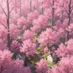 forest full of houses, pink leaves, artstation, jakub rozalski